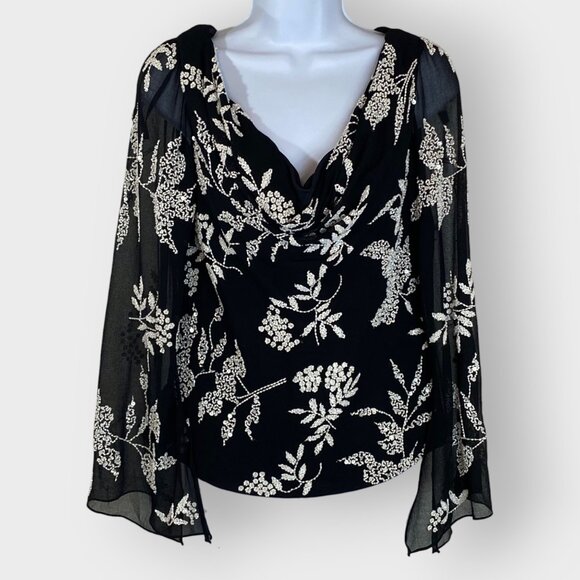 Vtg Whimsigoth Fairy Grunge Chiffon Blouse | Large | Cowl Neck Bell Sleeves Bead - Picture 1 of 11